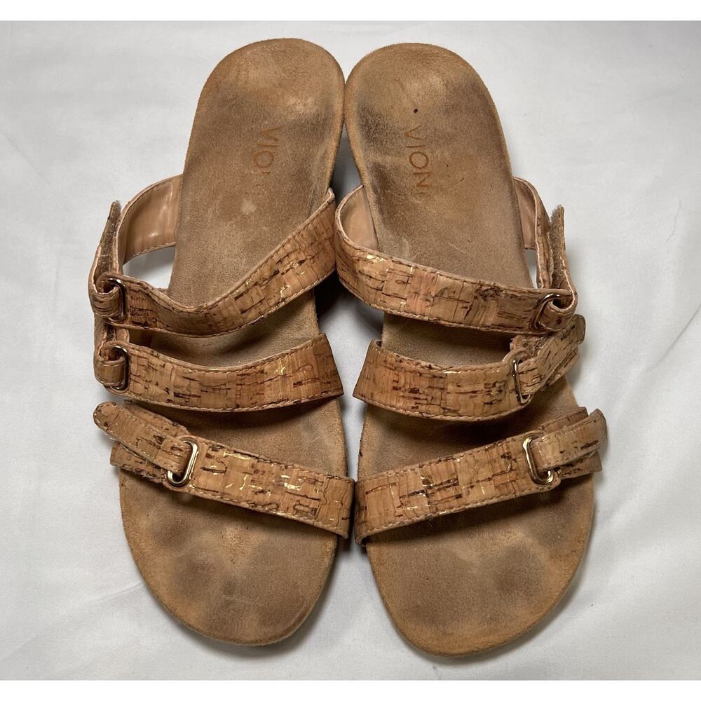 Vionic Dwyn Sandals Size 7 Tan Cork Wedge Orthaheel Adjustable Straps Comfort - Picture 3 of 10